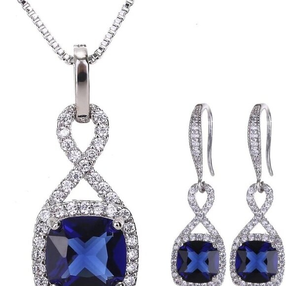 Crystal Jewelry Set for Women - Sterling Silver Square Cubic Zirconia CZ Bridal - Picture 1 of 8